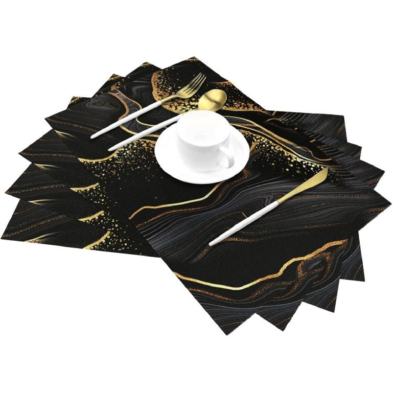 Black Gold Marble Texture Placemats Set of 4, Black Table Mats, Heat Resistant Washable Linen Place Mats for Kitchen Dining Table Farmhouse 12"x18",