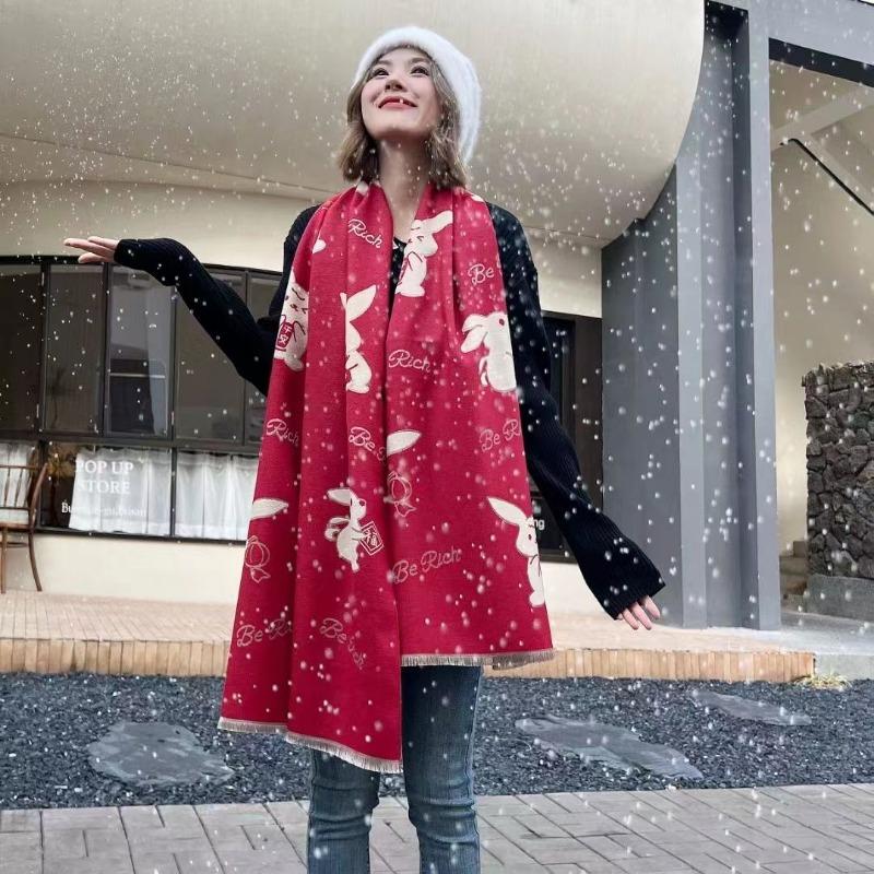 Fashion Bright Red White Bow Scarf Female Autumn and Winter Rich Rabbit Scarf Warm Annual Meeting Couple Korean Version Shawl
