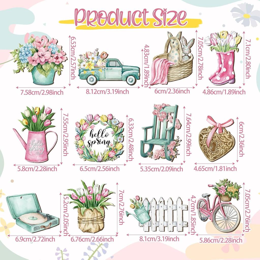 36 Pcs Pastel Spring Ornaments for Tree Wooden Flower Decorations Tulip Truck Watercolor Floral Hanging Decor Wood Spring Decor for Home Small Tree
