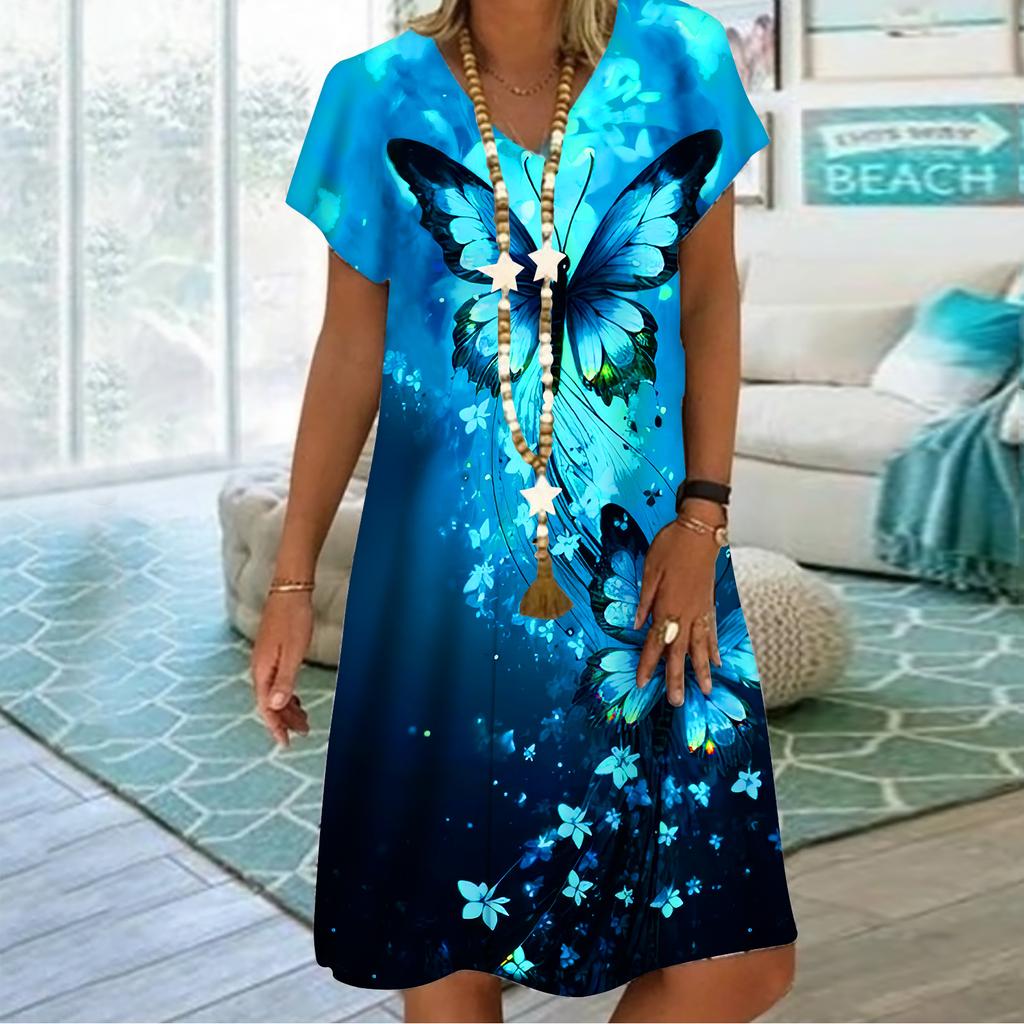 Summer Fashion V-neck Dress Ladies Short Sleeve Pearl Butterfly Printed Dress Loose Casual Dress for Women