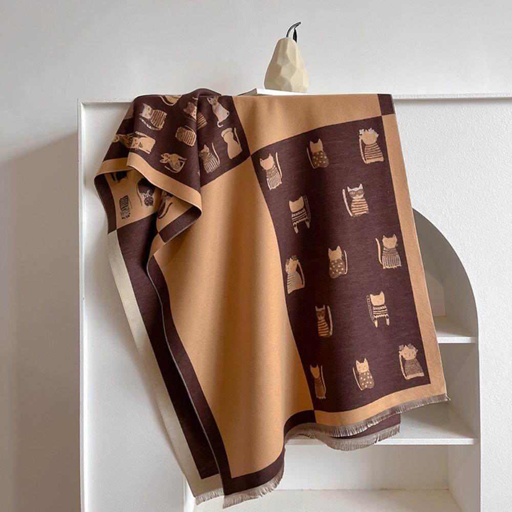 Korean Style Cat Knitted Scarf Lightweight Cashmere Shawl Trendy Kitty Jacquard Weave Scarf Unisex