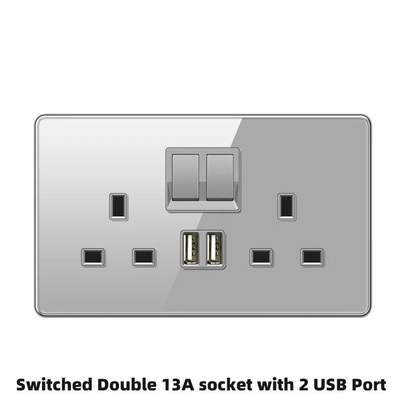 Роскошная серая панель из закаленного стекла, электрическая розетка UK 13A, двойная 5-контактная розетка и выключатель, универсальная настенная розетка USB C EU