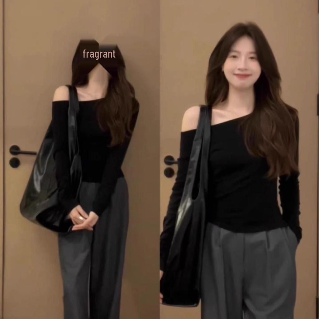 Новый шикарный асимметричный топ с открытым плечом из модала с длинным рукавом - Весна и Осень