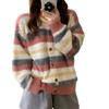 Womens Soft Knit Cardigan Sweater Striped Loose Fit Round Neck Casual Winter Wear