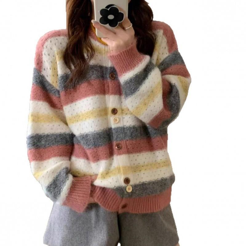 Womens Soft Knit Cardigan Sweater Striped Loose Fit Round Neck Casual Winter Wear