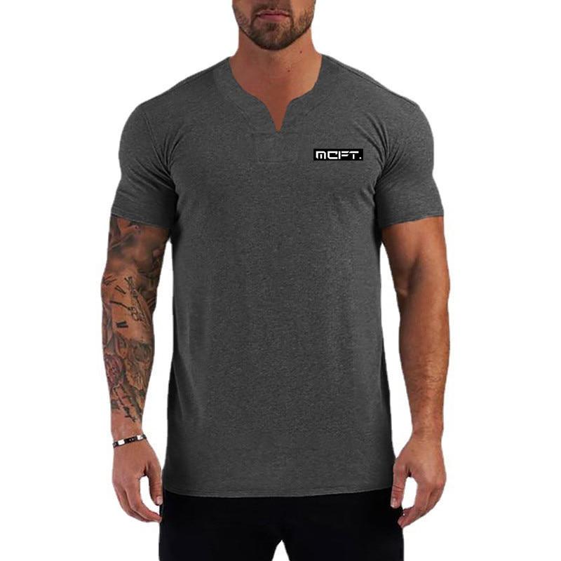 Muscleguys Мужские дышащие футболки для фитнеса и тренировок с короткими рукавами для занятий спортом на открытом воздухе с v-образным вырезом, уличная футболка с рисунком