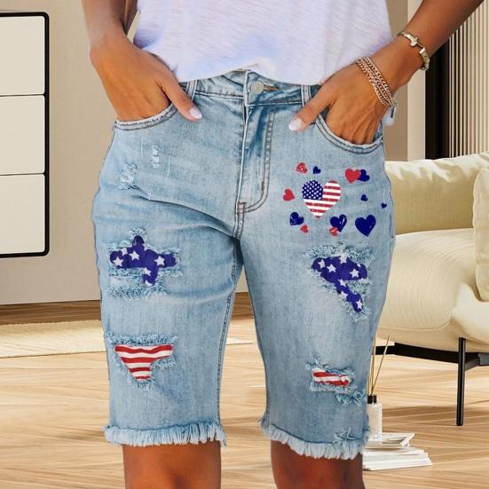 Женские потертые рваные джинсовые шорты Yousheng, эластичные шорты с высокой талией и принтом американского флага, летние повседневные джинсовые шорты