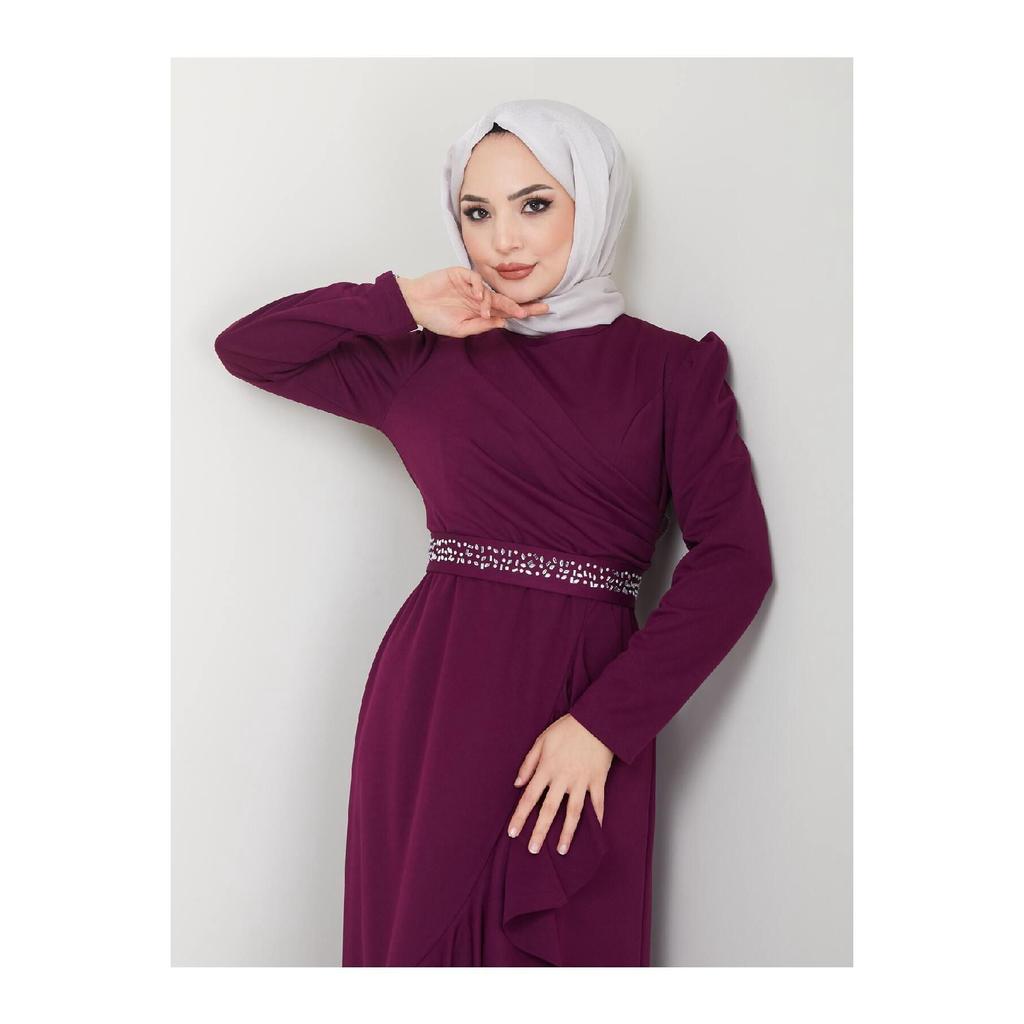 Women's Clothing Evening Dress Fashion Skirt Flounced Belt Stoned Hijab Evening Dress 2497 Black