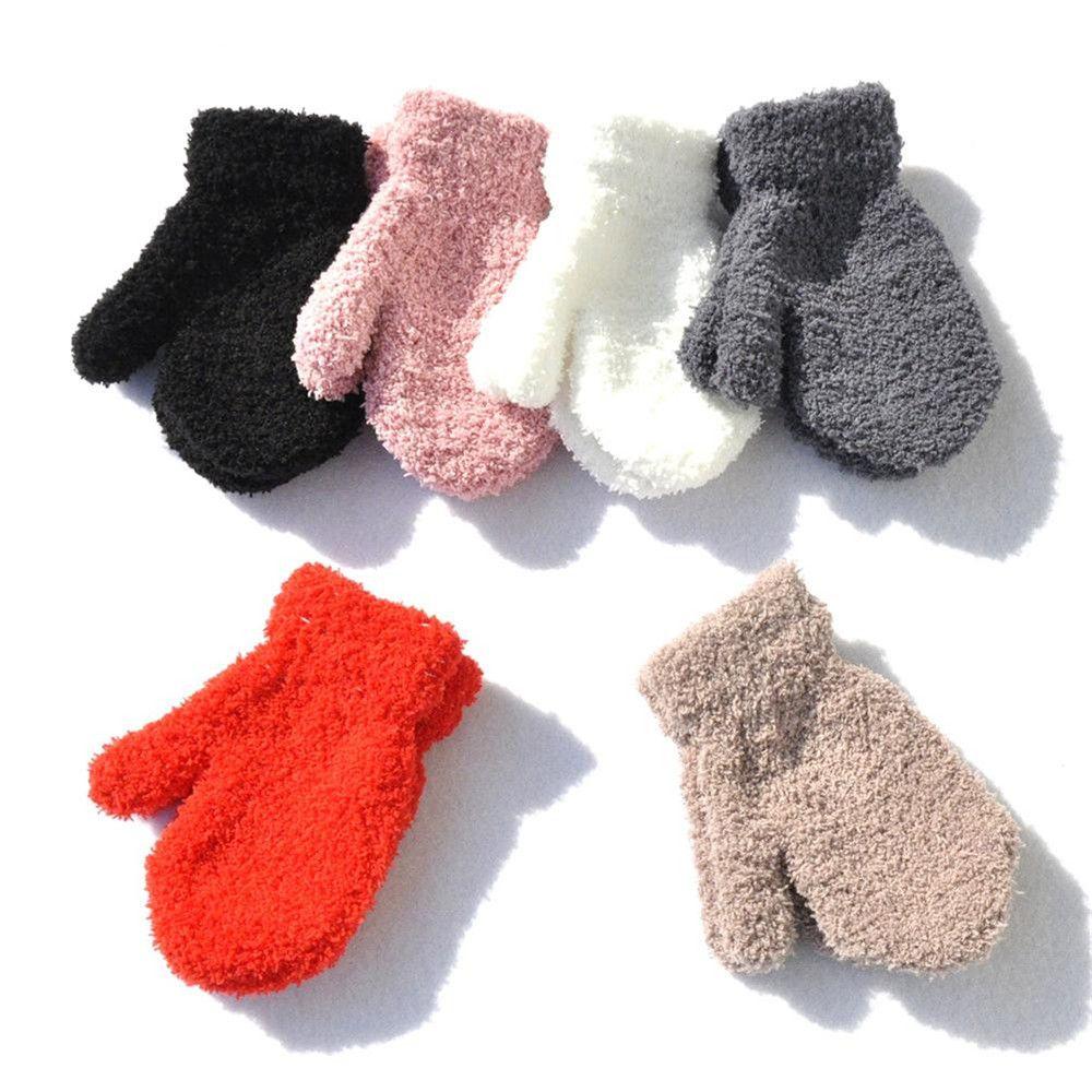 Boys Girls Winter Lovely Baby Cartoon Full Fingers Coral Plush Mittens Candy Color Kids Gloves