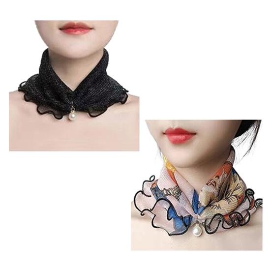 2Pcs Women Faux Silk Scarf Printing Faux Pearl Decor Lace Trim Lightweight Scarf Hand Strap Accessory