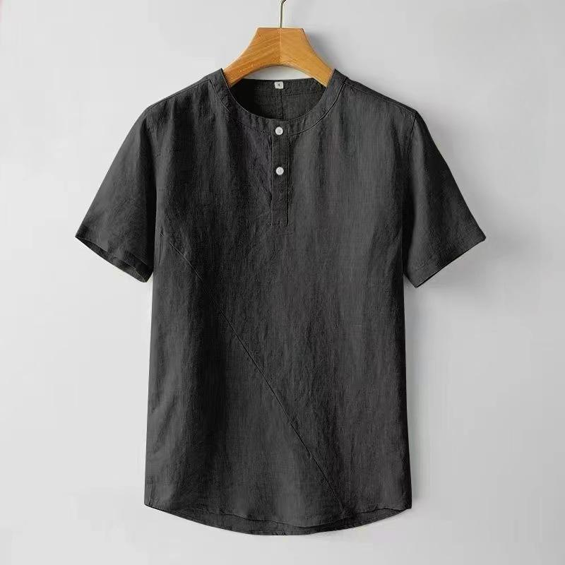 Мужская льняная рубашка с короткими рукавами в китайском стиле, мужская летняя тонкая повседневная рубашка из хлопка и льна в стиле ретро с небольшим воротником-стойкой
