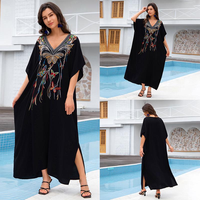 «Хлопковая юбка макси с европейской и американской вышивкой»: Женский пляжный солнцезащитный халат.