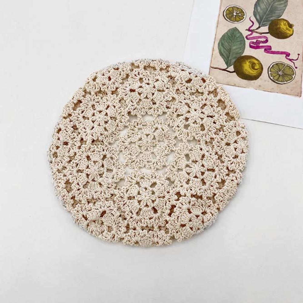 Linen Hollowed Out Beret Hat Cotton Spring Crochet Knitted Cap Lace Hollow Flower Hat  Beach
