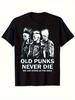 Мужская футболка 'Old Punks Never Die' с графическим принтом 'Панк Ирокез' - Черная с принтом 'Ирокез'