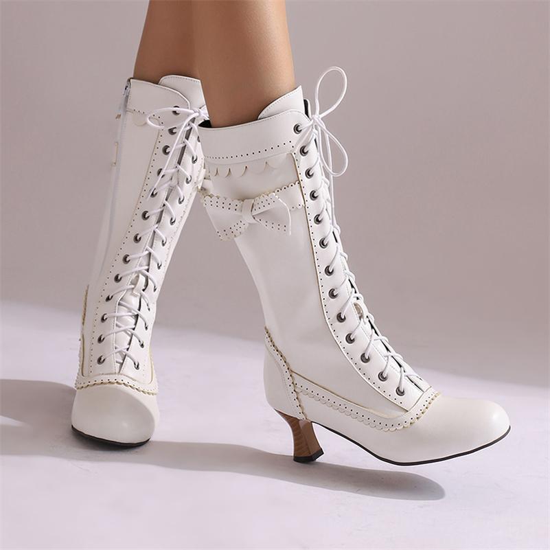 Meotina Женские полусапожки с круглым носком, на высоком каблуке, с застежкой-молнией и бантом, на шнуровке, лаконичные женские модные туфли, зимние, белые, красные, 46