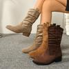2025 Winter New Suede British Style Mid-Top Boots Women's Plus Size Pleated Pointed Stack Boots