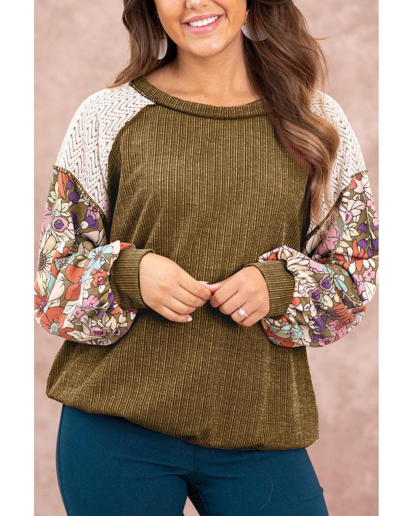 Azura Exchange Brown Floral Patchwork Puff Sleeve Textured Blouse