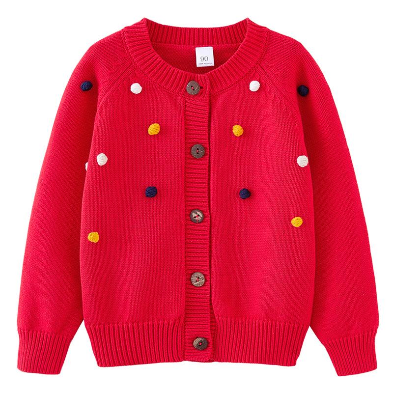 Spring and Autumn Children's Clothing Round Neck Children's Handmade Colorful Ball Knitted Cardigan Girls Cotton Sweater Cardigan Jacket