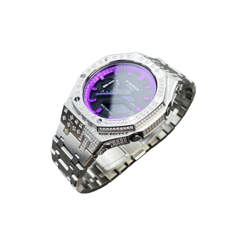 CASIO Customized watch modified series star diamond case electro-optical purple scale ring purple GA2100-7A(Watch6-GaiZhuang-DianGuangZiXingZuan)