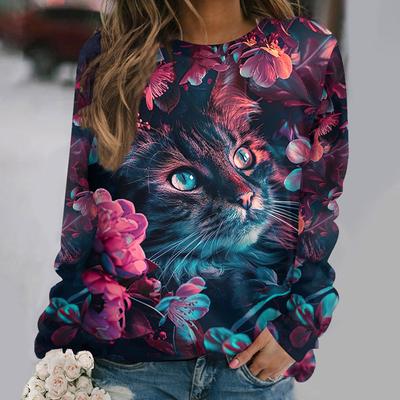 Летний топ с круглым вырезом и принтом в виде 3D-кошки, модные и повседневные женские футболки с длинными рукавами
