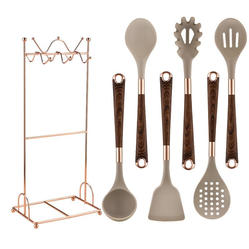 7 PCS Silicone Cooking Kitchen Utensil Set Wooden Handle Kitchen Baking Tools Kitchenware Accessories Storage Bucket