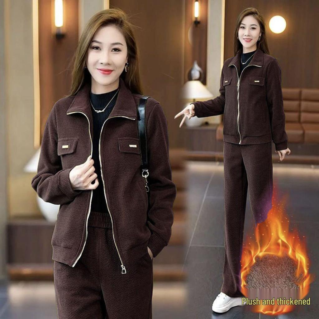 Women's Fleece-Lined Fashion Set: Trendy Stand-Up Collar Coat & Warm Long Pants for Autumn/Winter