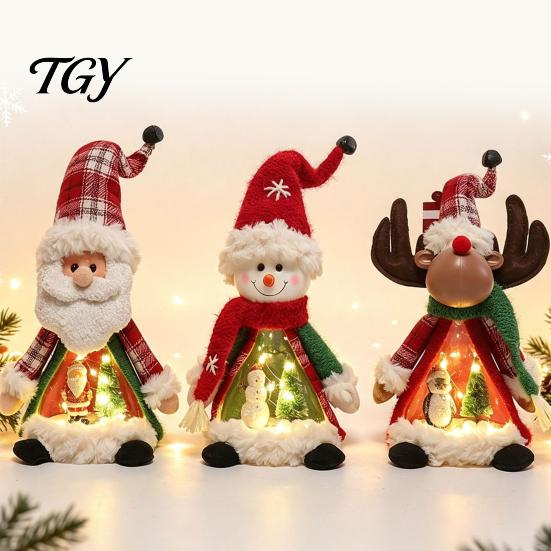 Snowman Holiday Ornament Lighted Christmas Doll Decoration, Cute Plush Santa Claus/Snowman/Reindeer Figurine with Elk Desk Decor Warm LED Light