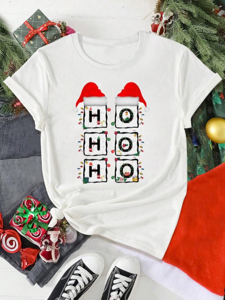 HO HO HO Christmas Hat Pattern Tshirt Loose Breathable Holiday Activities Shortsleeved Tshirt Unisex Women Unisex Casual Tops