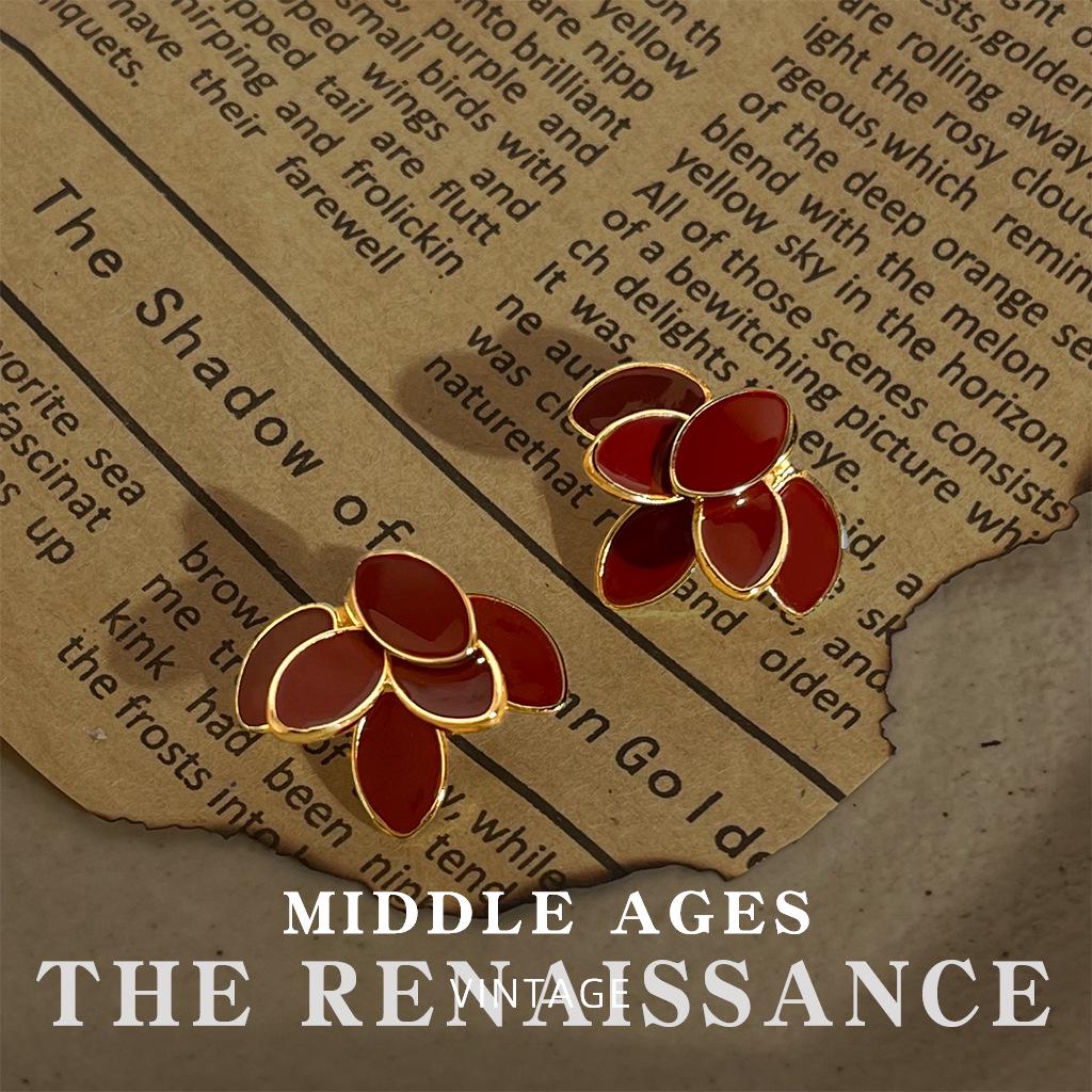 Vintage Burgundy Red Enamel Drop Earrings - Retro French Style Studs