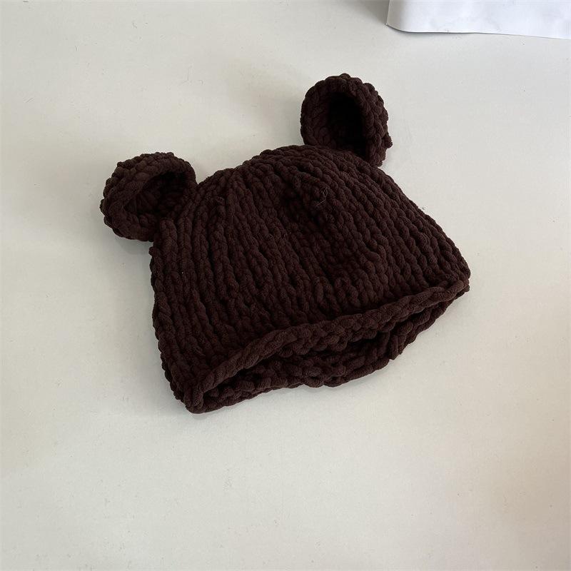 Bear Ears Thick Wool Hat Women's Autumn and Winter Thickened Warm Hand-knitted Woven Big Head Circumference Pullover Hat
