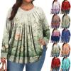 Women's Plus Size Fashion Printed Casual Pleated Round Neck Long Sleeve Top