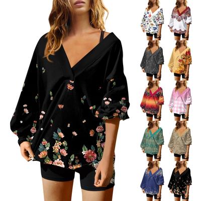 Женская мода V-образный вырез длинный рукав принтованный свободный пуловер свитшот топ