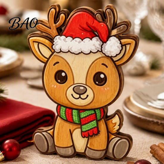 Wooden Photo Props Christmas Elk Figurine with Santa Hat And Scarf, Cartoon Deer Tabletop Decoration Table Centerpiece for Holiday Home Party