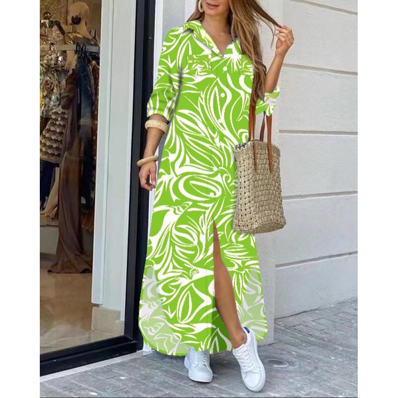 Женское повседневное повседневное платье-рубашка с длинными рукавами и отложным воротником на пуговицах и цепочках с принтом, модная уличная одежда, свободное длинное платье