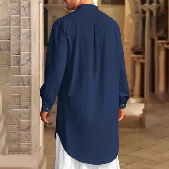Men's Cotton Linen Kaftan Long Sleeve O-Neck Robe Solid Color Button-up Collar Thobe Breathable