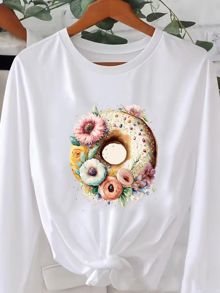 (Азиатский размер) Футболка с длинным рукавом Футболка с круглым вырезом Принт осень зима весна Женский тренд Цветочный тренд Одежда Повседневная Мода Топ Графические футболки