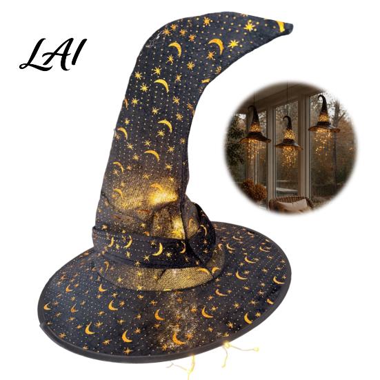 Indoor Halloween Decorations Lighted Witch Hat Hanging Decor LED Glowing Wizard with Twinkling Star Tassel Garland Outdoor Porch Ceiling Spooky