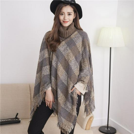 European and American High Neck Plaid Cape - Batwing Sleeve Knitted Pullover Shawl for Women