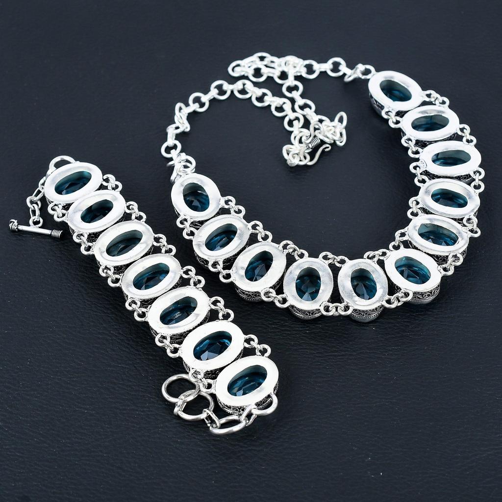 Красивый голубой топаз драгоценный камень ручной работы 925 пробы стерлингового серебра ювелирные изделия голубой топаз ожерелье браслет комплект, антикварный ювелирный комплект, браслет для мамы подарок