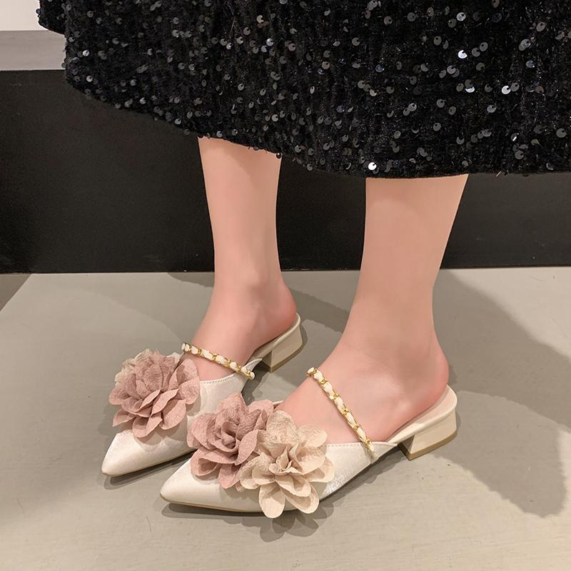 Модные женские туфли-мюли на среднем каблуке с цветочным принтом, с острым носком, на массивном каблуке, модные туфли-лодочки для платья, дизайнерские летние шлепанцы 2025, новая коллекция Zapatillas Ladies