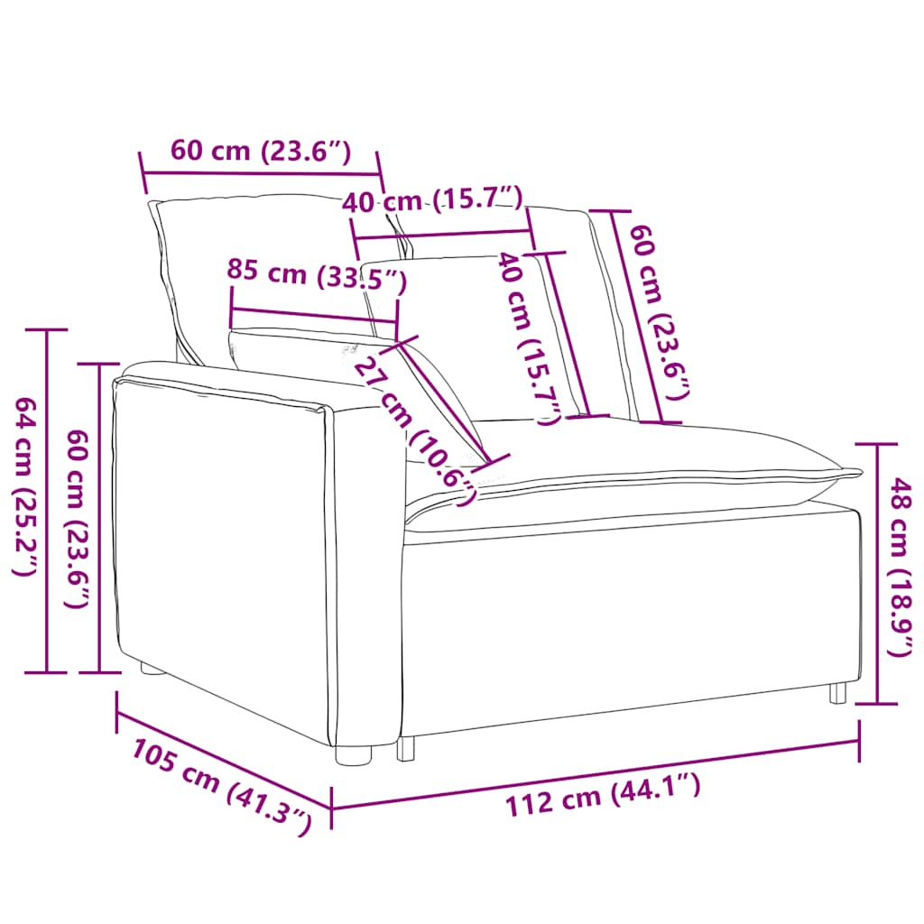 Modular Sofa End Module with Armrest and Cushions Cream 100 cm