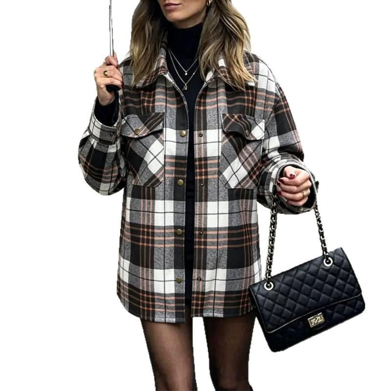 Womens Oversized Plaid Shirt Jacket With Lapel Collar Casual Coat