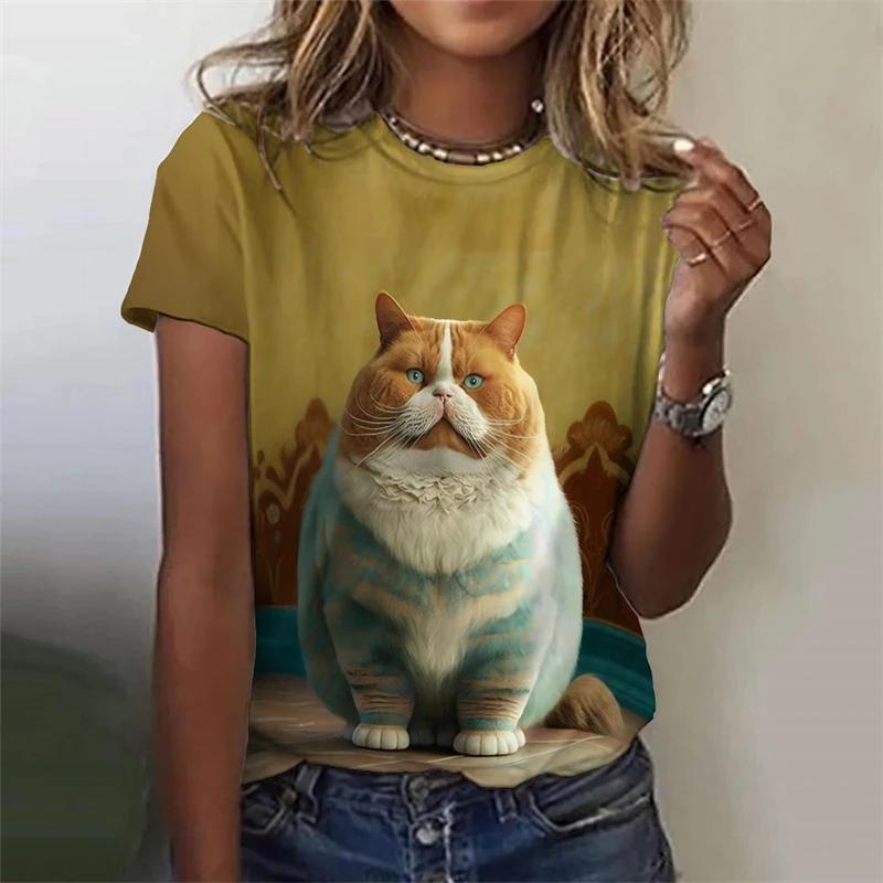 Летний топ с круглым вырезом и принтом 3D Funny Fat Cat, модные повседневные женские футболки с короткими рукавами