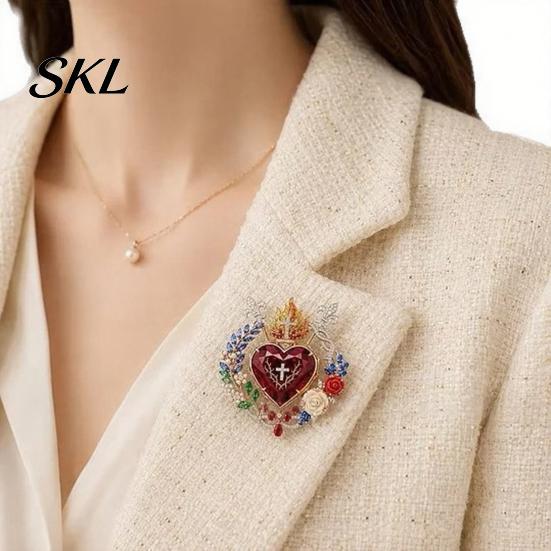 Religious Jewelry 1/2Pcs Radiant Sacred Heart Floral Faux Gemstone Brooch, Christian Pin for Women, Vintage Style Symbol Pin, Coat Dress Scarf,