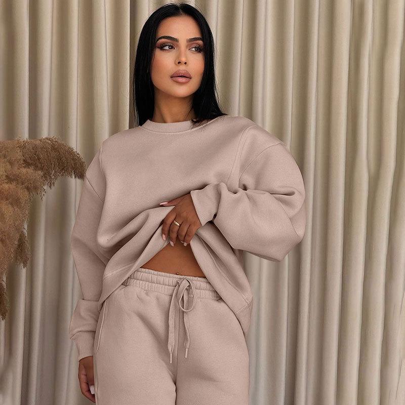 2024 осень и зима новый однотонный круглый вырез длинный рукав свободный женский комплект одежды модный повседневный широкий брюки
