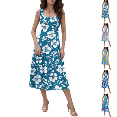 Женское повседневное модное платье миди с круглым вырезом без рукавов и боковыми карманами