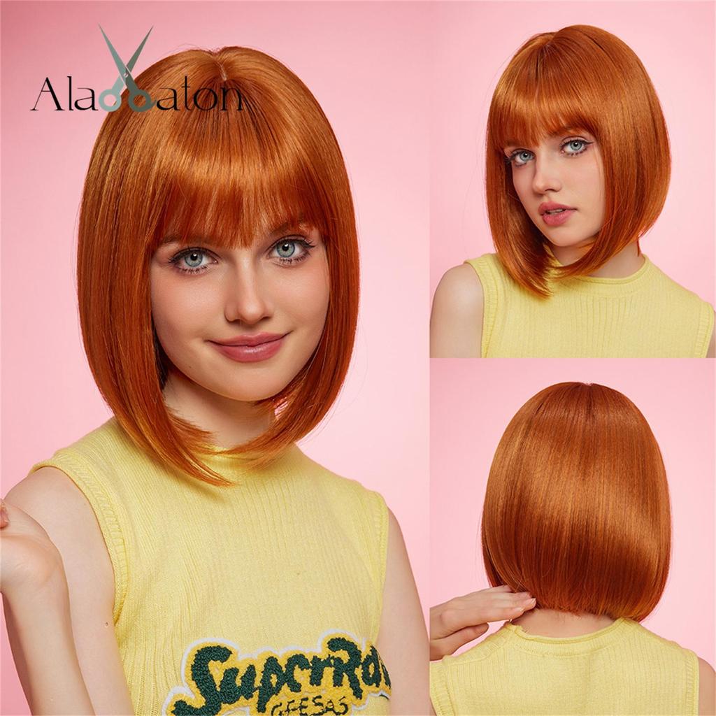 ALAN EATON Черный золотистый боб с челкой, короткий прямой парик, натуральный разноцветный волос для женщин, повседневный синтетический парик для вечеринок