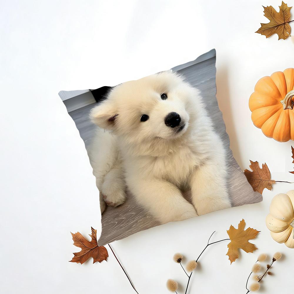 Casual Fluffy Smiling Dog Samoyed Cushion Cover Washable Linen Pillowcase Soft for Daily Sofa Bed Home Room Decor