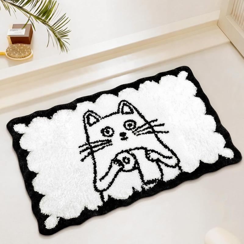 VIKAMA Cartoon Cat Bathroom Mat, Non-slip Water-absorbent Shower Door Mat, Soft Bedroom Rug, Entryway Doormat, Home Decor