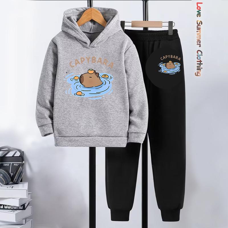 2pcs Boys Capybara Hoodie Joggers Set Kids Cozy Outfit Capybara Playwear Machine Washable Sports Active Boys Perfect Outdoor
